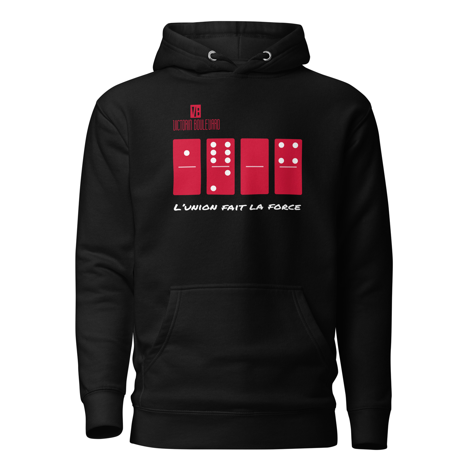 1804 Dominoes black hoodie with red graphic.